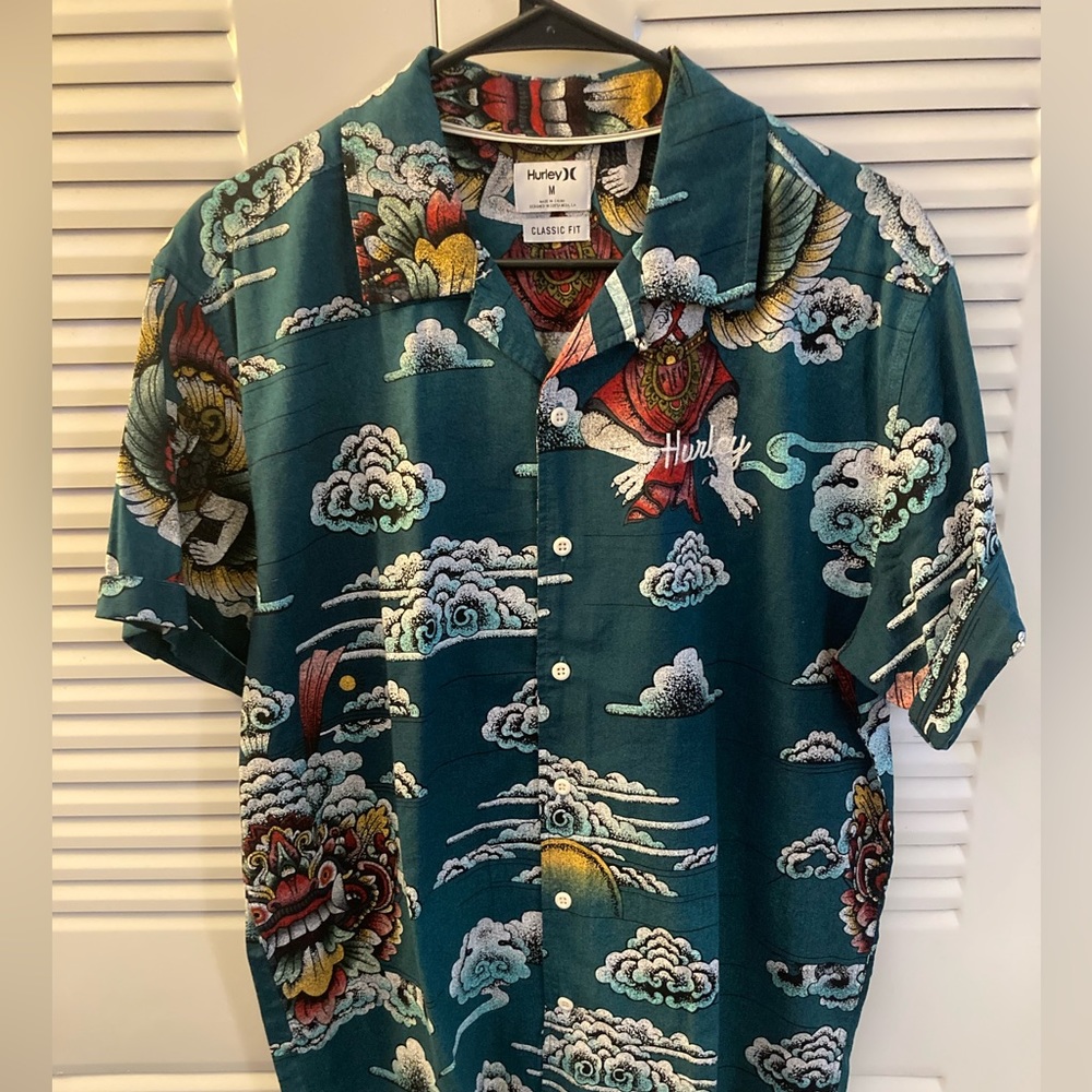 Green casual button up with cloud and dragon design